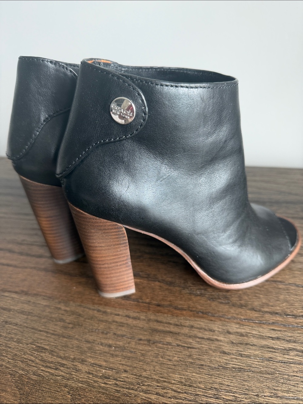 Coach Black Leather Stacked Heel Ankle Booties